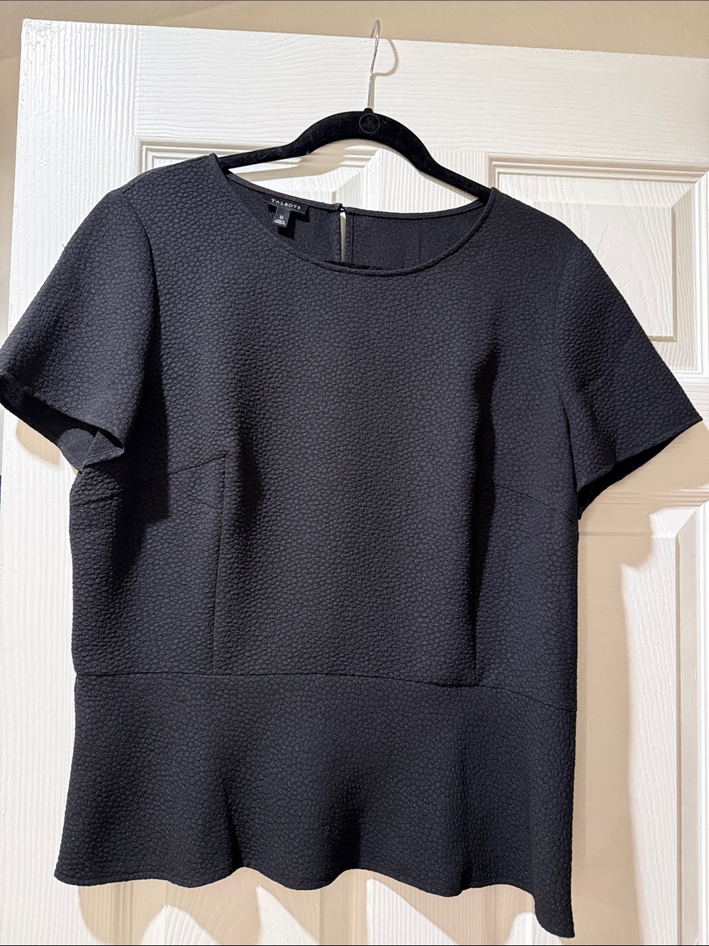 Talbots Black Textured Peplum Top with Short Sleeves Size 12